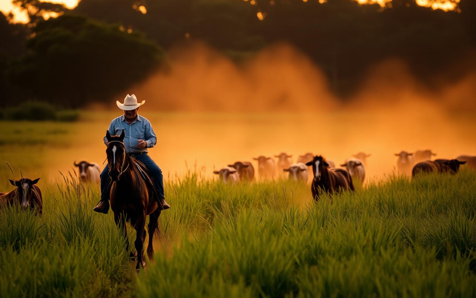 Peão conduzindo o gado ao entardecer